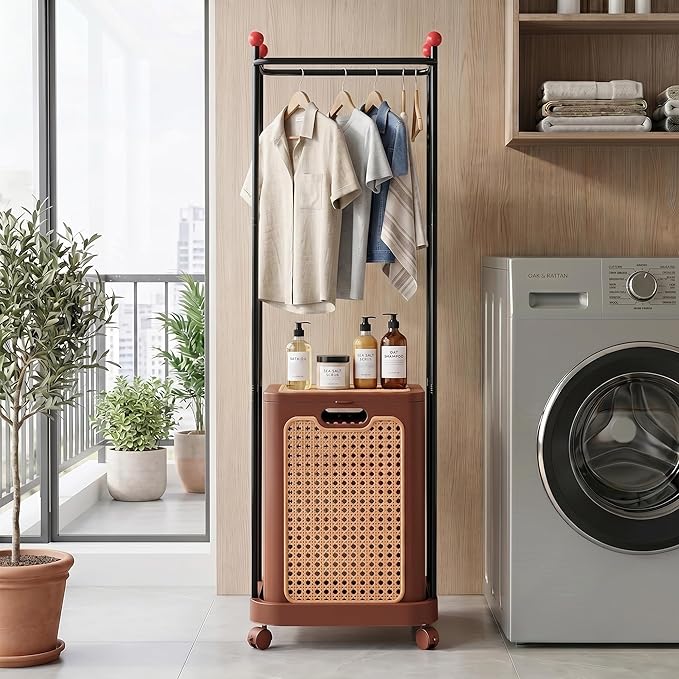 VECELO Laundry Hamper with Clothes Rack, Rolling Laundry Basket with Lid and Wheels, Tall Clothes Stand for Hanging Clothes, Multifunctional Laundry Organizer for Bedroom, Bathroom, Brown
