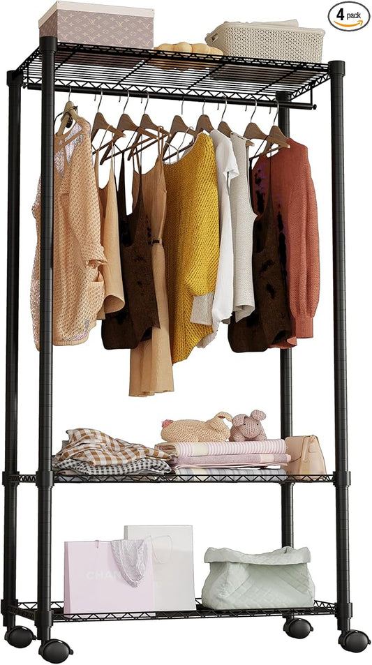Moogiitools Heavy Duty Rolling Garment Rack 3 Tiers Adjustable with 25mm thick iron pipe,Freestanding Wardrobe Closet Storage Metal for Clothing Hanging （Set of 4 Brake Caster Wheels Included)