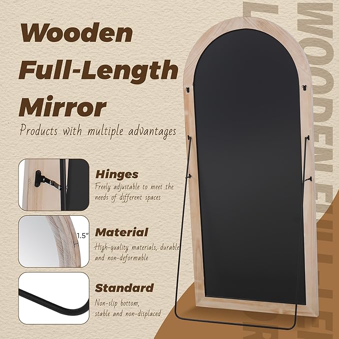 Antok Full Length Mirror with Solid Wood Frame, 76"×34" Wall Mounted Oversized Floor Mirror with Stand, Leaning Standing Hanging for Bedroom Living Room Entryway, White, Arched Syle