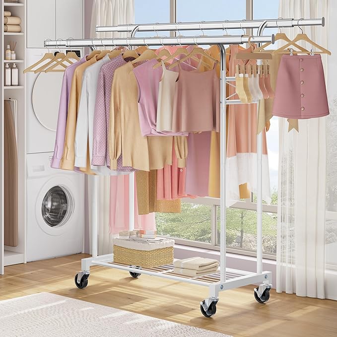 FAVOOSTY Clothes Rack for Hanging Clothes Double Rods, Rolling & Extending Clothing Rack with Wheels, Garment Coat Rack Freestanding, Portable Clothes Rack, White