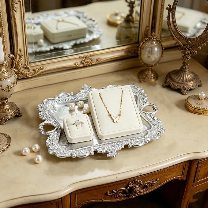 Funly mee 8 x 7 inches Antique Trinket Dish Vintage Jewelry Tray, Ring Holder (Sliver, M)