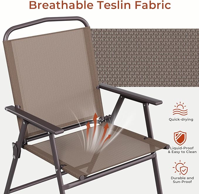 TLSUNNY Patio Folding Chairs Set of 4, Portable Dining Lawn Chairs, Outdoor Folded Furniture W/Breathable Textilene & Steel Frame, Armrests & Crossbar, All Weather for Pool, Camping (4, Brown)