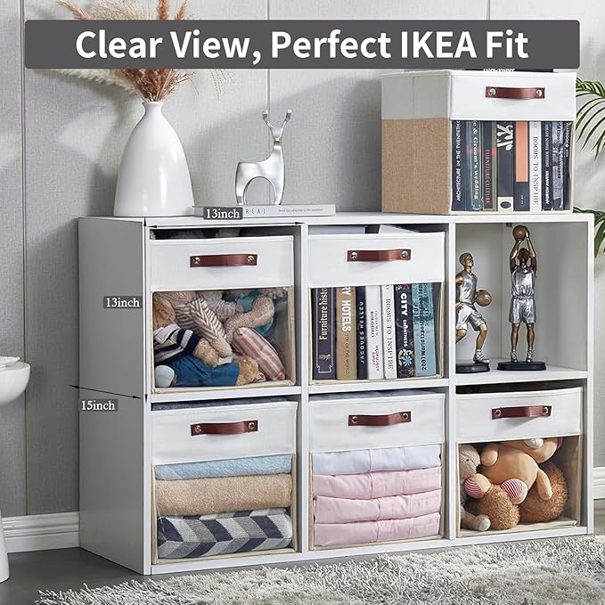 Bagnizer Storage Cubes, 4 Pack Linen Foldable Storage Bins with Clear Window and 2 Handles, 13x15x13 Storage Cube Bins for Shelf Closet, Kallax, Clothes, Books - (Beige / Off-White)