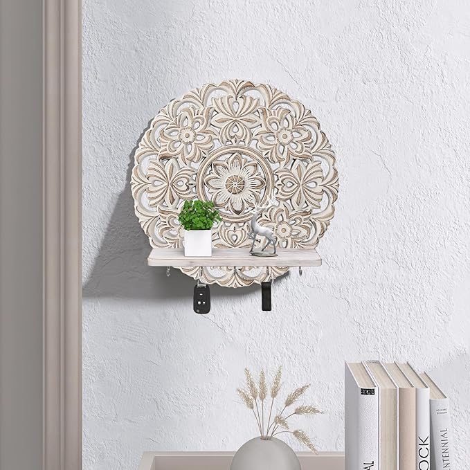 11.6-inch Round Mandala Key Holder for Wall - White Vintage Floral Key Holder with Hooks & Shelf - Farmhouse Decorative Entryway Organizer for Keys, Masks & Mail - Rustic Boho Wall Decor