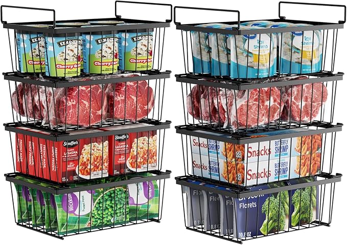 iSPECLE Deep Freezer Organizer, 8 Pack Wire Baskets for 5 Cu.Ft Chest Freezer & Upright Freezers (Over 8.5 Cu.Ft), 14" x 9.4" Stackable Heavy Duty Storage Bins Easy Access to Sort Meat, Black