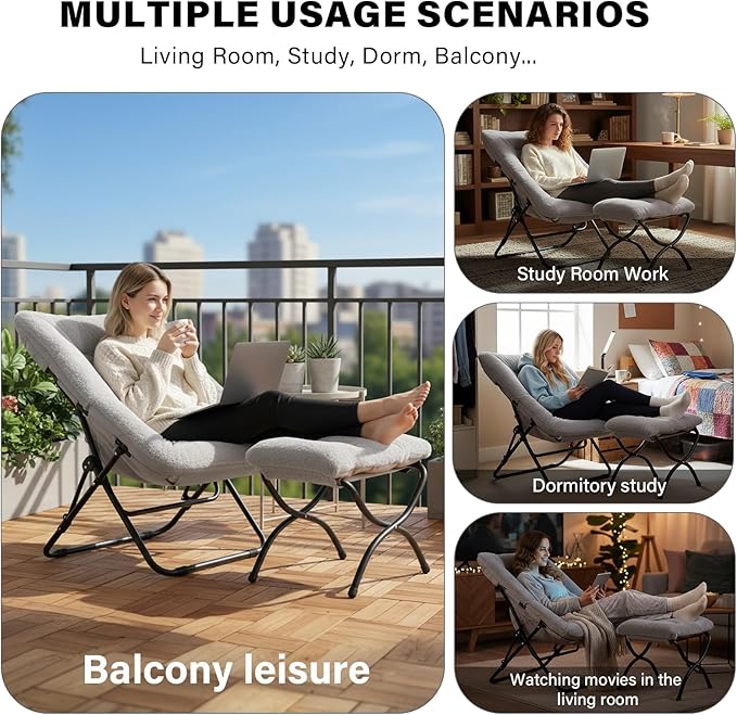 Tiita Folded Chair with Ottoman, Soft Faux Fur Oversized Folding Accent Chair,Lazy Chair, Metal Frame Moon Chair for Bedroom, Living Room, Dorm Rooms, Garden and Courtyard