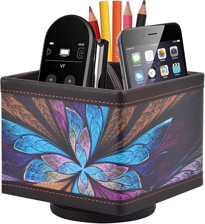 Square Leather 360°Rotatable Pencil Holders,Remote Control Holder,Spinning Bedside TV Remote Caddy,Desktop Organizer for Pen,Media Controller,Phone,Glasses,Office Supplies Storage Box(Blue)