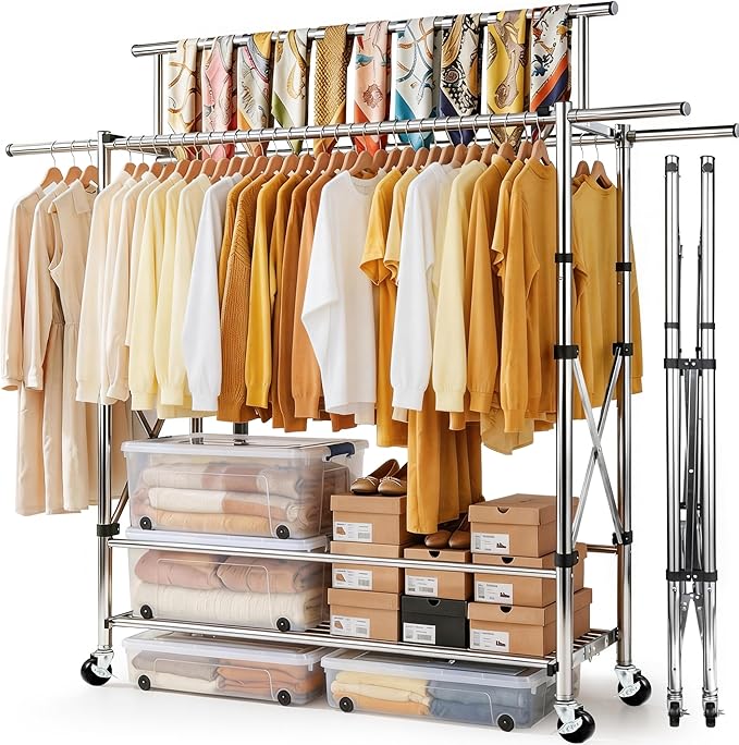 Heavy Duty Clothes Rack Load 620 LBS Foldable, Triple Rod Rolling Garment Rack for Hanging Clothes with Sturdy Wheels & Shelves, Adjustable ＆ Portable Commercial Clothing Rack with Lockable Wheels