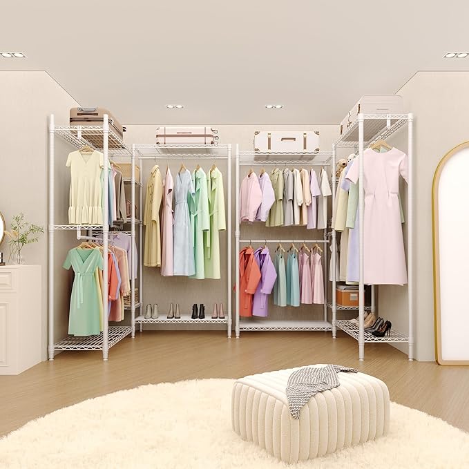 Freestanding Heavy Duty Garment Rack with Adjustable Shelves and Hanging Rods, Large 1630 Lbs Capacity Portable Closet Organizer for Bedroom or Cloakroom Storage, White