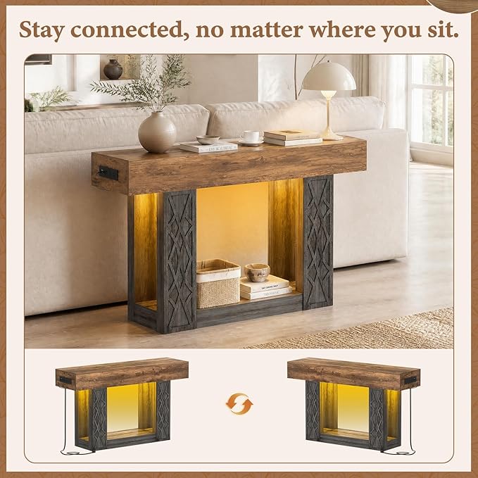 Unikito 47" Console Table with Outlets & LED Lights, Farmhouse Entryway Table with Unique Geometric Pattern, Sofa Table Behind Couch with 2-Tier Storage for Living Room, Hallway, Foyer, Grey & Brown