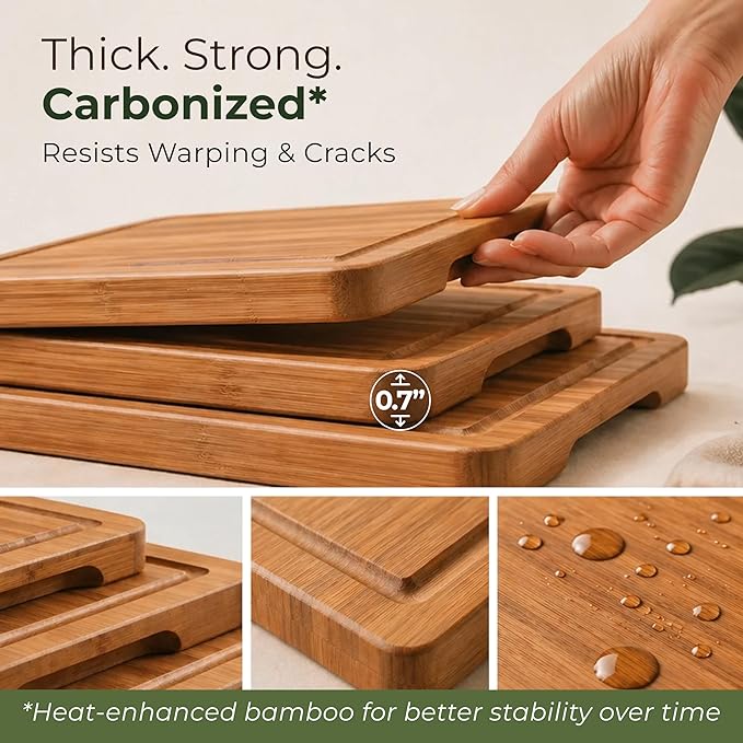 Wood Cutting Board Set of 3 - Sturdy & Easy to Clean Bamboo Wooden Cutting Boards for Kitchen - 3 Sizes of Chopping Board with Juice Grooves for Meal Prep, Everyday Use, Housewarming Gift