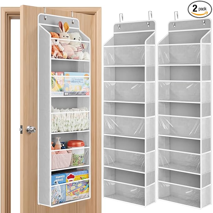 JARLINK 2 Pack Toy Stuffed Animal Storage, Over The Door Organizer W/Clear View Windows, 44lb Load, Baby Toy Storage Organizer for Nursery, Kid Bedroom, Newborn Baby Essentials (Light Grey)