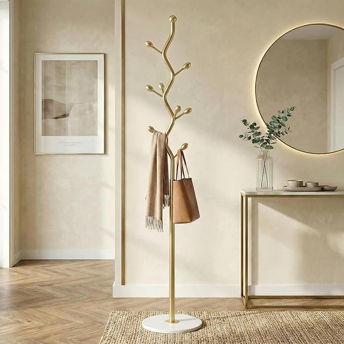 Tree Branch Gold Powder Coated Freestanding Coat Rack with 13.8in Marble Base, 8-Hook Heavy Duty for Entryway