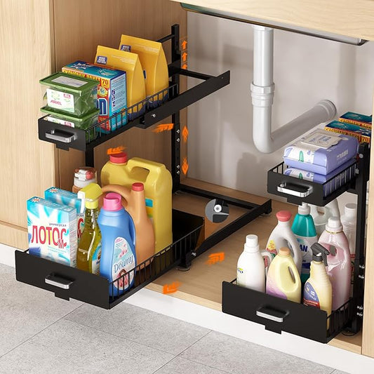 2 Pack Under Sink Organizer, 2 Tier Slide Out Cabinet Organizer with Pulley, Height Adjustable Pull Out Shelf for Kitchen, Bathroom, Laundry and Utility Storage, Black