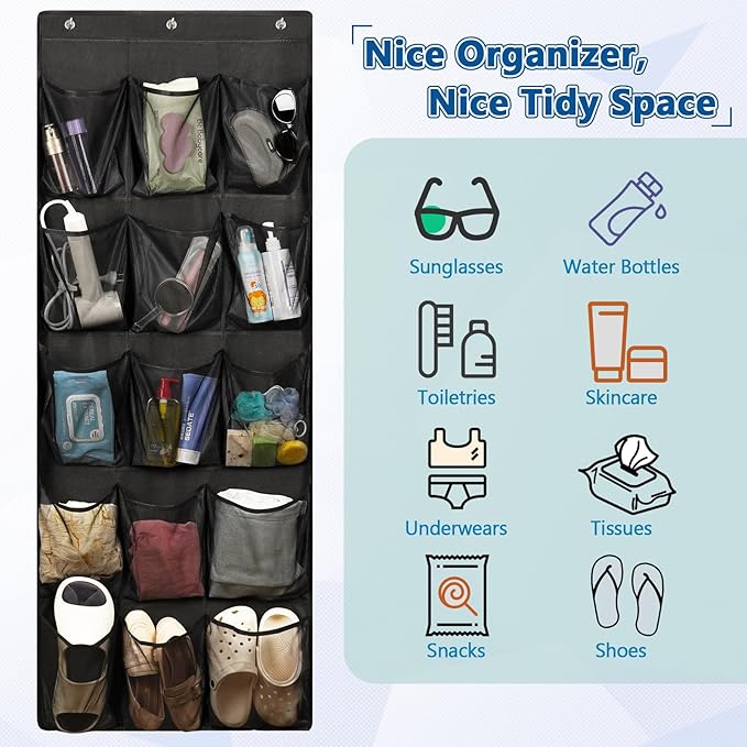 Over The Door Cruise Ship Organizer - Cruise Ship Magnetic Door Organizer with 15 Size-Graded Pockets, Hanging Magnetic Cruise Storage Shoe Rack for Cabin, 2026 Cruise Essential, 9 Hooks(Black)