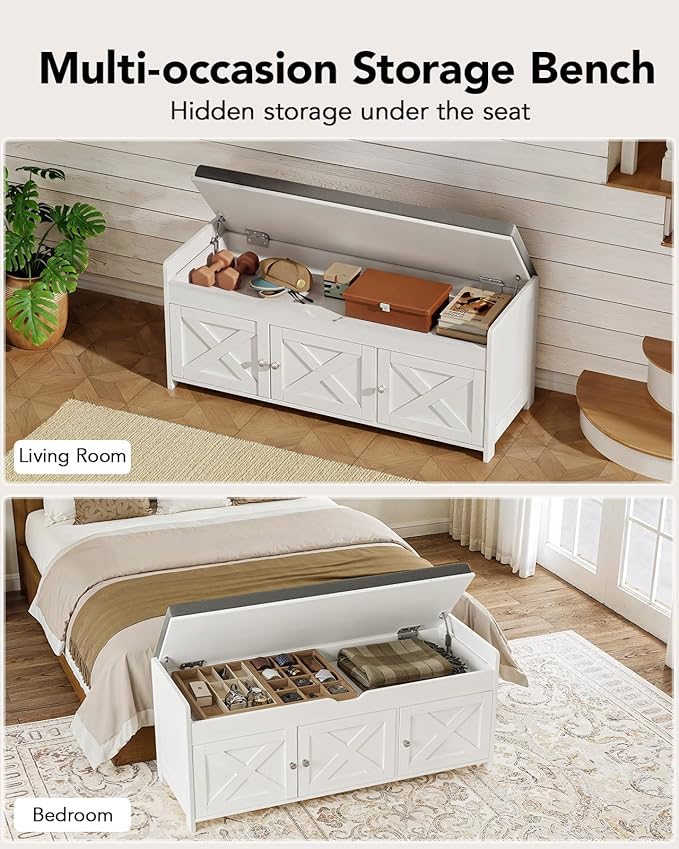 Pipishell Shoe Storage Bench, 2-Tier Shoe Bench with Cushioned Seat, Entryway Bench with Adjustable Shelf & Barn Doors, 300 lbs Capacity, 39.4" x 15" x 18", for Entryway, Bedroom, Living Room, White