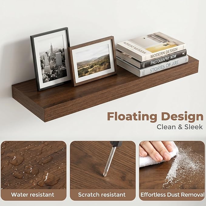 Venusmiles Floating Shelves for Wall, 20 Inch Floating Shelves Set of 2, 6.5" D Wooden Wall Mounted Display Shelves with Invisible Brackets for Living Room, Bedroom, Bathroom, Kitchen Decor, Walnut