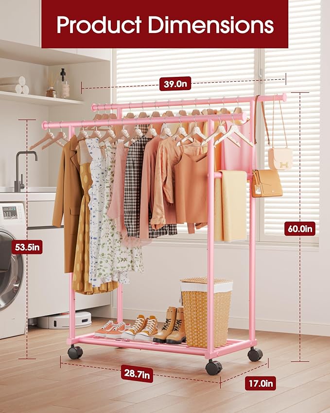 Sakugi Double Rods Clothes Rack - Metal Clothing Rack with Fixed Double Rods, Rolling Wheels & Built-In Shelf for Closet, Bedroom, Laundry Storage (39" x 17" x 60", Pink)