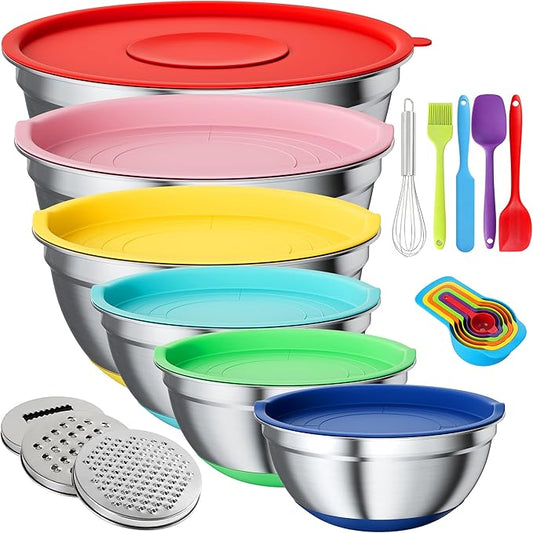 20-Piece Mixing Bowls Set with Airtight Lids – 6 Stainless Steel Kitchen Bowls (4.5QT, 4QT, 3.5QT, 2.1QT, 1.5QT, 1.1QT), 3 Grater Attachments, Non-Slip Silicone Bottoms, Perfect for Baking & Serving
