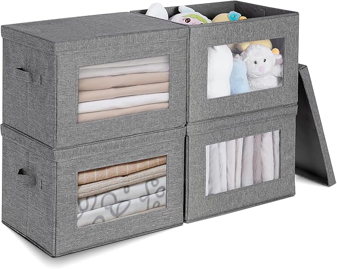 4-Pack Storage Bins with Lids, Fabric Foldable Storage Bins with Soft Cord Handles, Cube Closet Organization for Clothes, Blankets and Books, Gray