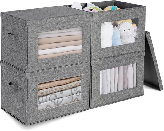 4-Pack Storage Bins with Lids, Fabric Foldable Storage Bins with Soft Cord Handles, Cube Closet Organization for Clothes, Blankets and Books, Gray