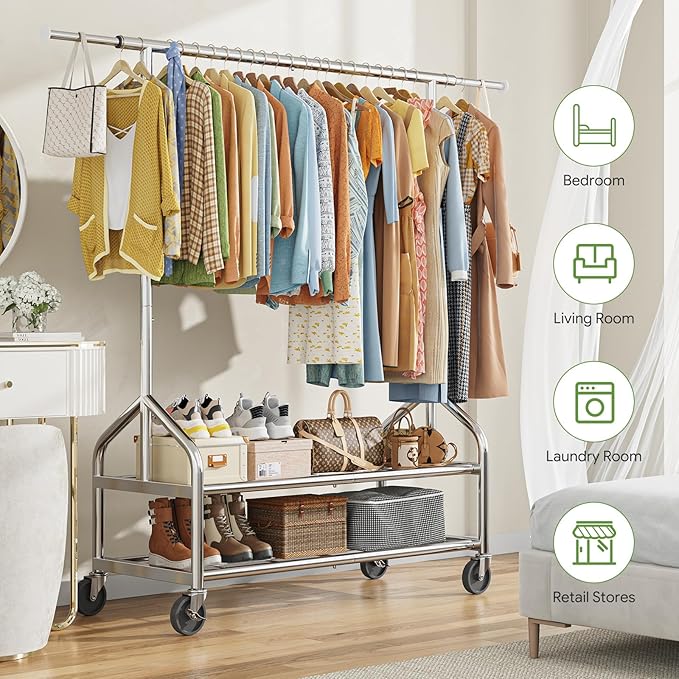 Ekisemio Heavy Duty Clothes Rack Load 650 LBS, Rolling Clothing Rack with Shelves, Metal Garment Rack for Bedroom, Laundry Room, Retail Store, Chrome