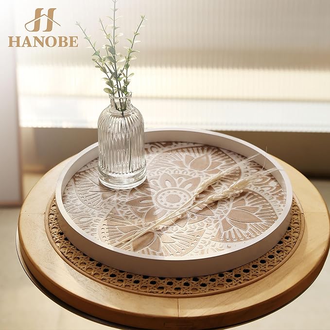 Hanobe Decorative Serving Tray Round: Farmhouse Coffee Table Decor Boho White Mandala Trays for Living Room Kitchen Bathroom Display