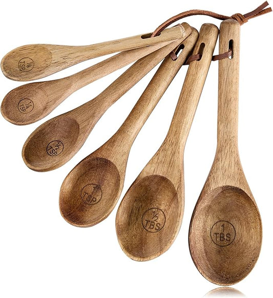 6pcs Measuring Spoons Set, Natural Acacia Wooden Measuring Spoons Includes 1/8 tsp, 1/4 tsp, 1/2 tsp, 1 tsp, 1/2 tbsp & 1 tbsp, Cute Teaspoon Tablespoon for Measuring Dry Ingredients