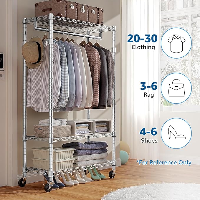 M MZG Heavy Duty Rolling Garment Rack 3 Tiers Adjustable Wire Shelving Clothes Rack with Rods and Side Hooks,Storage Closet Clothing Rack with Wheels Chrome 15.7" D x 29.5" W x 74.5" H