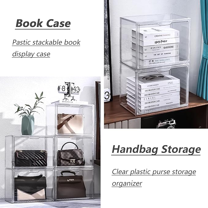Acrylic Box Display Case, Clear Plastic Stackable Storage Bins with Magnetic Attraction Lid, Showcase for Cosmetic, Large Figures Collectibles (5 Pack, X-Large)