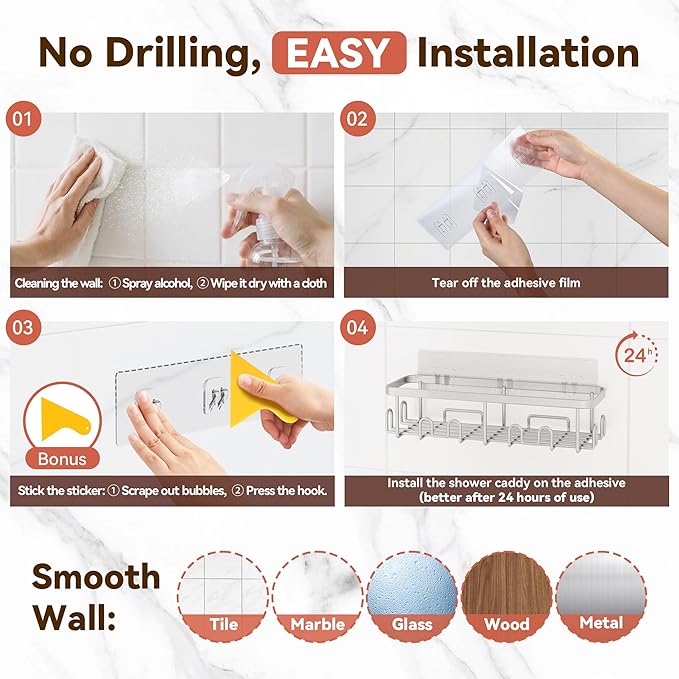 YASONIC Shower Caddy Adhesive 5-Pack, Rustproof Shower Organizer with Holder, No Drilling Shower Shelves for Inside Shower, Large Capacity Bathroom Organizers and Storage for Home & Renters, Silver