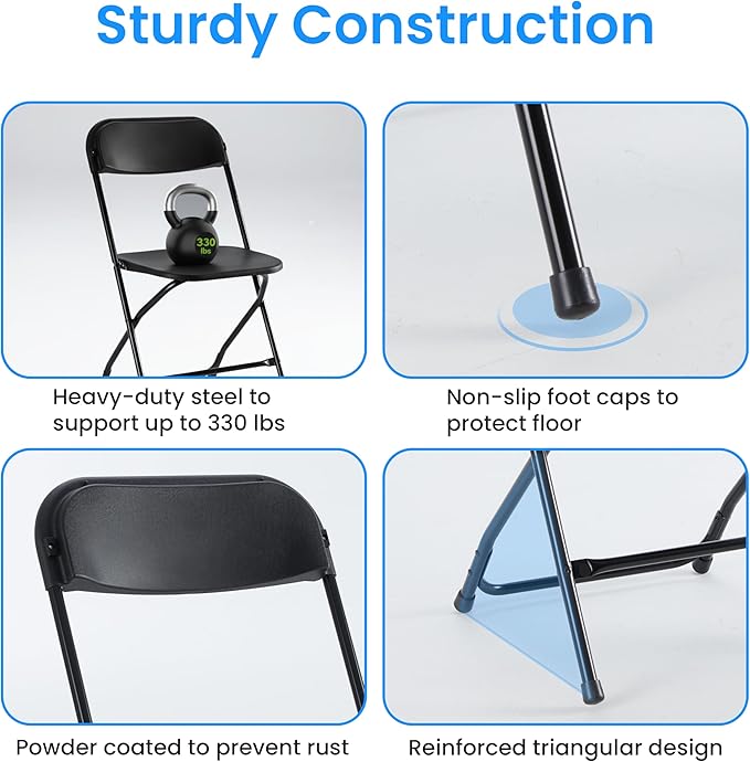 Simple Deluxe 10-Pack Folding Chairs Plastic, Foldable Stackable Portable Chairs with Metal Frame 330lb Capacity, for Indoor Outdoor Use, Commercial Event Chairs for Party, Wedding, Office, Black