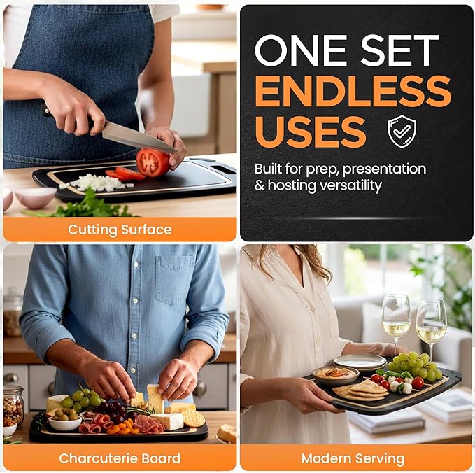 Earth's Dreams Composite Wood Cutting Board Set of 3 – Built In Juice Groove, Non-Toxic Cutting Boards for Kitchen – Large, Medium & Small Non-Slip Wood Charcuterie & Chopping Boards (Black/Tan)