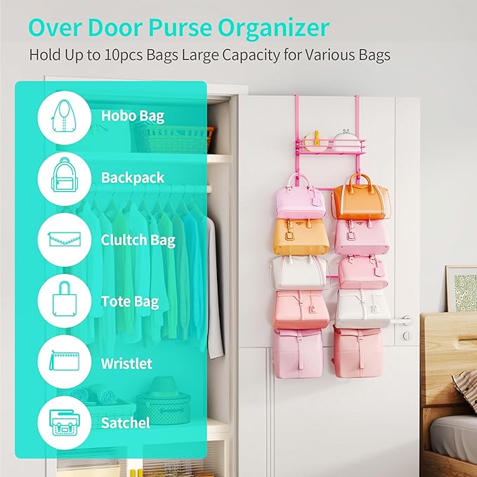 HapiRm Over the Door Purse Organizer - Wall Mounted Purse Rack with 10 Hooks and Metal Basket, Hanging Handbag Organizer Holds up to 10 Bags, Bag Rack Can Use As 1/2 Part, for Door, Closet (Pink)