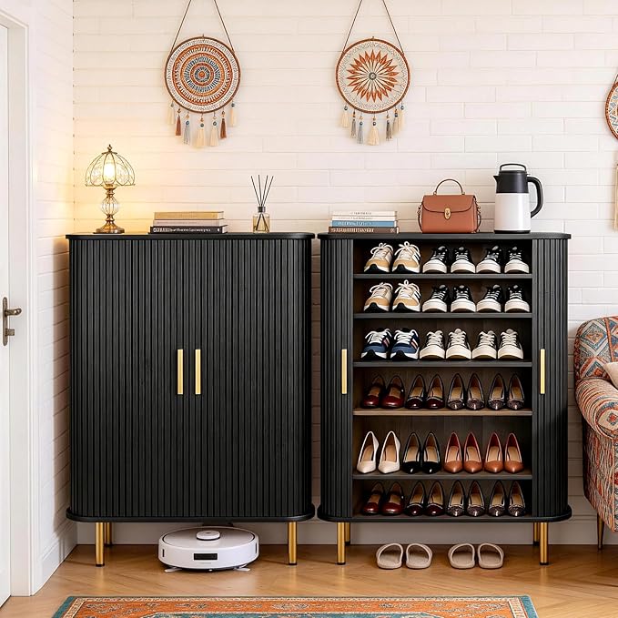 DHH Shoe Storage Cabinet with Sliding Door, 6-Tier Shoe Cabinet with Adjustable Shelves, Mid-Century Modern Freestanding Shoe Storage Organizer for Entryway, Hallway, Living Room (Black, 31.5 ")