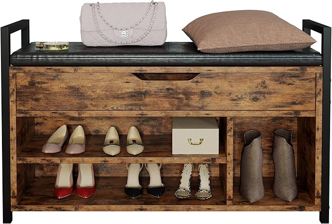 IRONCK Shoe Storage Bench, Entryway Bench with Lift Top Storage Box, Metal and Board Bench for Entryway, Two Tier Shoe Rack Organizer for Entryway, Hallway, Industrial, Vintage Brown