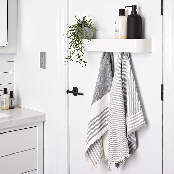 xympo Modern Wall-Mounted Coat Rack with Shelf – Heavy-Duty Steel, 5 Sturdy Hooks, Powder-Coated Finish, Space-Saving Entryway Organizer with Mounting Hardware – Sleek & Minimalist Design (White)