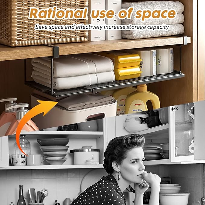 PowerKing Expandable Under Cabinet Shelf, Adjustable Length Under Shelf Storage with Thick Clips 10lbs Capacity for Kitchen, Laundry, Shoe, Under Office Desk & Wardrobe Partition (Black, 7.67'' H)