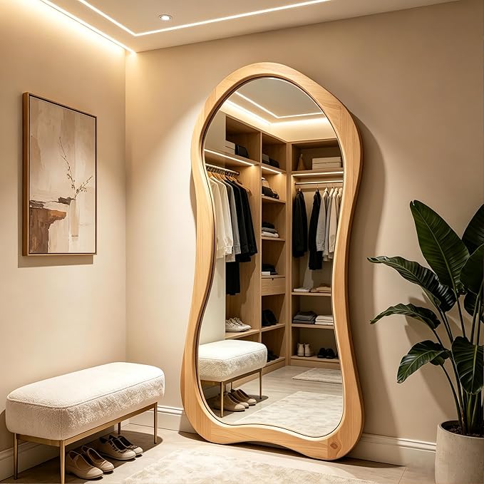 Irregular Full Length Mirror, 71"x33.5" Oversized Organic Floor Mirror with Solid Wood Frame, Asymmetrical Full Body Mirrors for Living Room Entryway Hallway Cloakroom, Leaning/Hanging