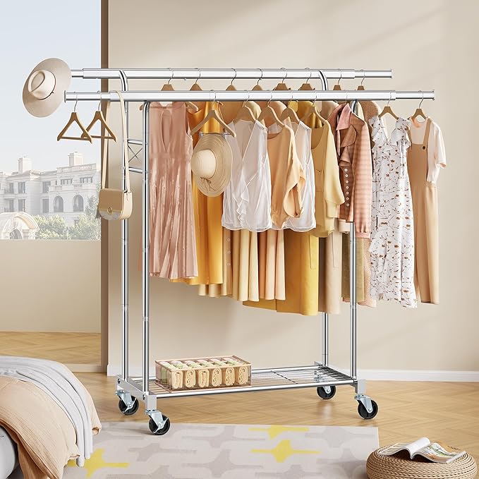 FAVOOSTY Clothes Rack for Hanging Clothes Double Rods, Rolling & Extending Clothing Rack with Wheels, Garment Coat Rack Freestanding, Portable Clothes Rack, Sliver