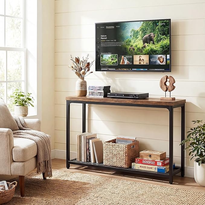 Besiost 47" Console Table with 2-Tier Storage, Industrial Narrow Entryway Table, Sofa Table Behind Couch for Hallway, Foyer & Living Room, Sturdy Metal Frame, Rustic Brown