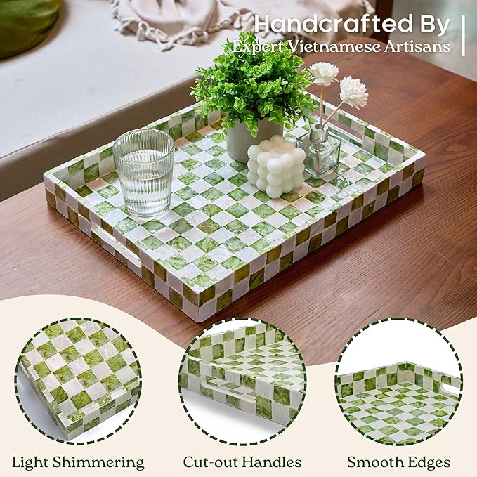 CHI AN HOME 15.8" x 11.8" Decorative Rectangular Tray with Natural Capiz Shells, Checkered Tray with Handles, Serving Tray for Ottoman, Coffee Table, Kitchen Counter Home Decor (Pistachio Green)