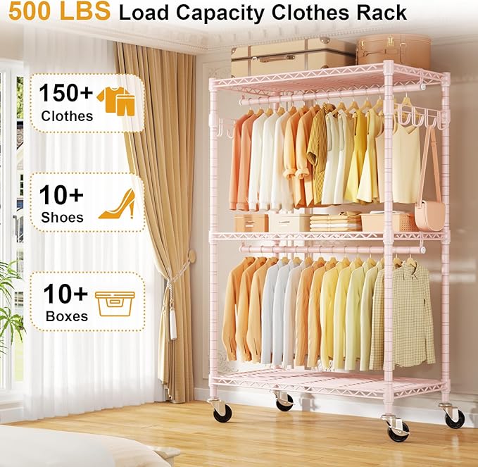 ULIFHOME P1 Rolling Closets with Wheels and Shelves, Portable Closet Wardrobe for Clothes Hanging, Pink Clothing Storage and Organizer System for Bedroom, 35.5" W x 15.7" D x 80.5" H, Hold 500lbs