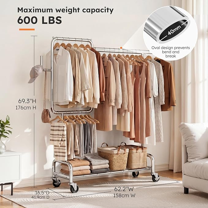 SOLEDI Heavy Duty Partitioned Clothes Rack, 600 LBS Load Metal Garment Rack with Shelves & Lockable Wheels, Rolling Hanging Rack for Bedroom, Laundry Room, Store & Garage (Silver)