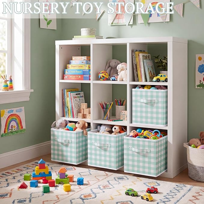 Yalikop 6 Pcs Green Checkered Cube Storage Bins, 11 Inch Fabric Gingham Classroom Storage Bins Organizer with Handle Preppy Collapsible Cubby Basket for Classroom Home Nursery Playroom Bedroom