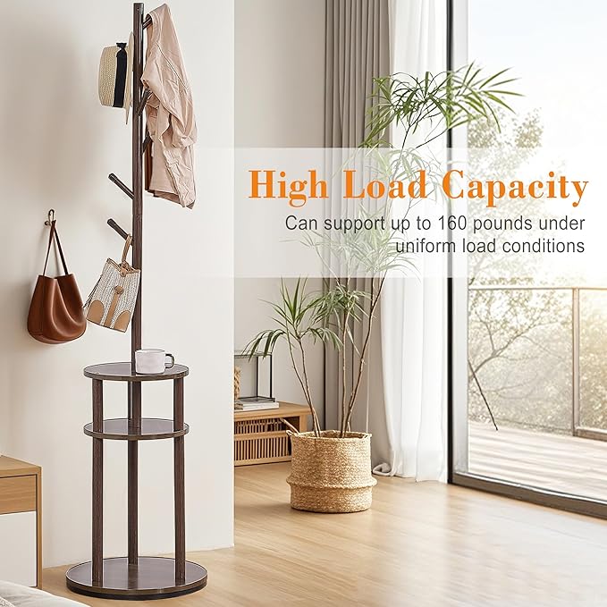 VECELO Coat Rack Freestanding, Entryway Hanger Stand, Umbrella Holder, Hall Tree With Hooks, Floor Standing Metal Tree Stand,Walnut