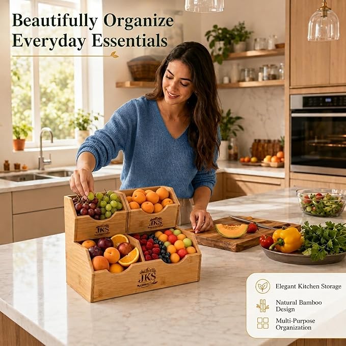Bamboo Pantry Storage Bins|Stackable Potato and Onion Storage Bin|3Tier Bamboo Pantry Organizer with Slide Out Access|Fruit & Vegetable Storage Basket for Kitchen Countertop|Pantry & Cabinet Organizer