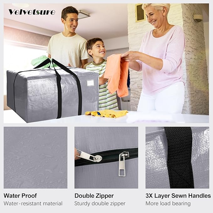 6 Pack Heavy Duty Extra Large Moving Bags W/Backpack Straps - Strong Handles & Zippers, Storage Totes For Space Saving, Fold Flat, Alternative to Box and Bin (40 gal, Silver)