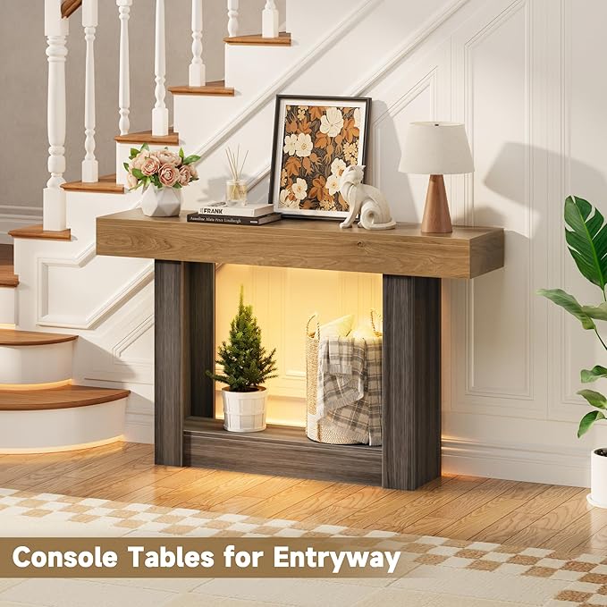 LIFECHOVY 47.2" Farmhouse Wood Entryway Table with Outlet, 2-Tier Console Table with Sensor Light Behind the Couch Sofa, Entrance Side Table for Hallway/Living Room/Foyer, Natural Oak&Grey