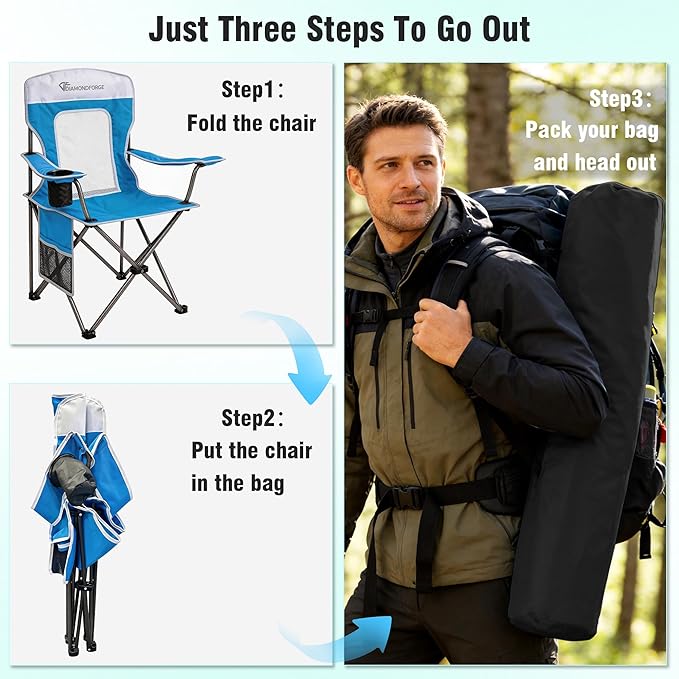 Camping Chairs, High Back Breathable Mesh Camping Chair 300 LBS Capacity, Portable Outdoor Lawn Chairs Folding with Cup Holder for Picnic, Lawn, Beach, Fishing and Sports (Blue White)